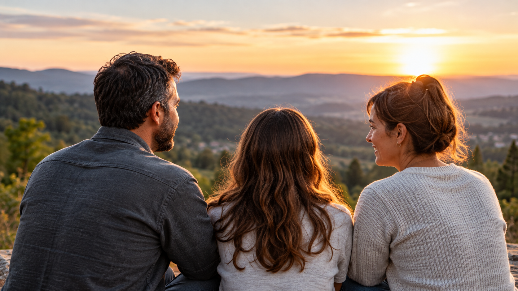 Una familia contemplando el atardecer