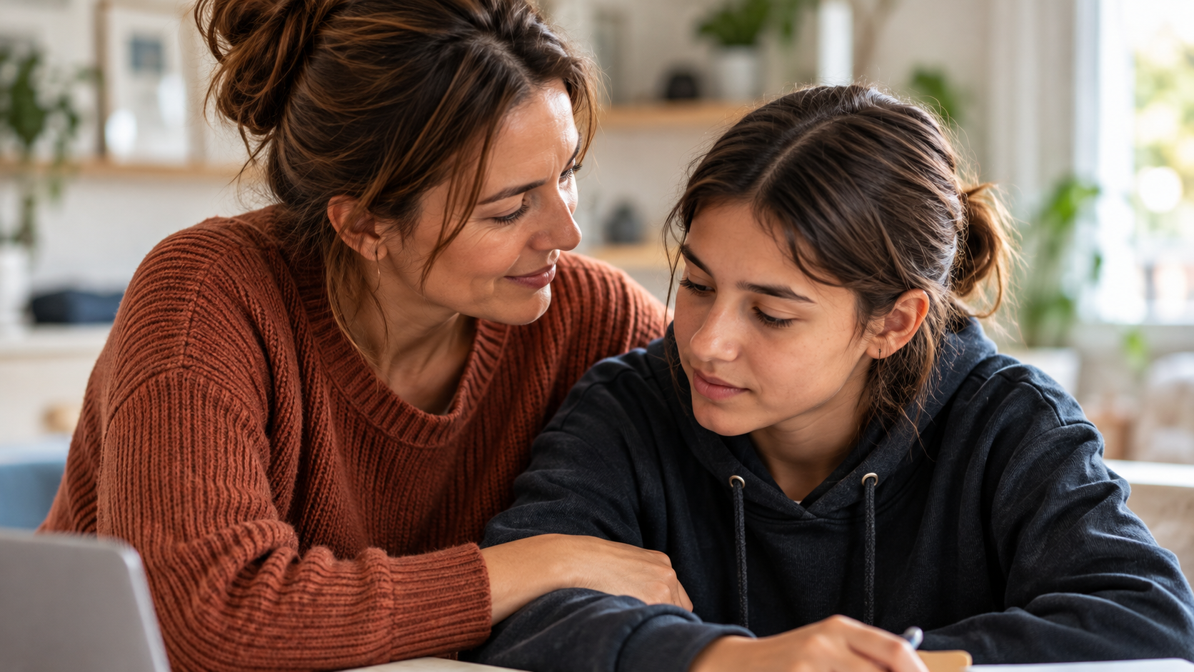 Madre e hija estudiando en casa