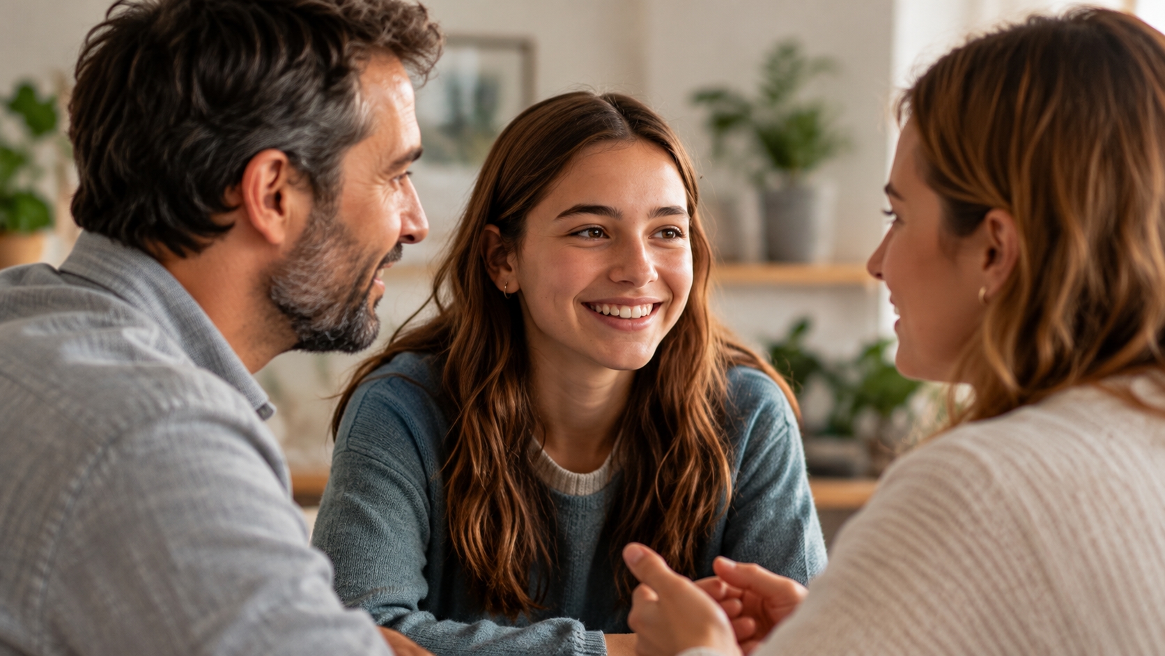 Una familia conversando en casa